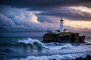 Photo of the Lighthouse and Stormy Sea Background Wallpaper