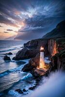 Photo of the Lighthouse and Stormy Sea Background Wallpaper