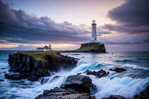 Photo of the Lighthouse and Stormy Sea Background Wallpaper