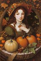 Renaissance Style Autumn Illustration of the Witch Girl with Pumpkins photo