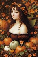 Renaissance Style Autumn Illustration of the Witch Girl with Pumpkins photo