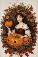 Renaissance Style Autumn Illustration of the Witch Girl with Pumpkins photo