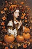 Renacimiento estilo otoño ilustración de el bruja niña con calabazas foto