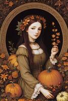 Renaissance Style Autumn Illustration of the Witch Girl with Pumpkins photo