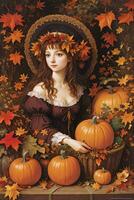 Renaissance Style Autumn Illustration of the Witch Girl with Pumpkins photo