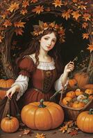 Renaissance Style Autumn Illustration of the Witch Girl with Pumpkins photo