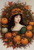 Renaissance Style Autumn Illustration of the Witch Girl with Pumpkins photo