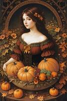 Renaissance Style Autumn Illustration of the Witch Girl with Pumpkins photo