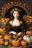 Renaissance Style Autumn Illustration of the Witch Girl with Pumpkins photo