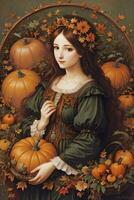 Renaissance Style Autumn Illustration of the Witch Girl with Pumpkins photo