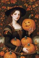 Renaissance Style Autumn Illustration of the Witch Girl with Pumpkins photo