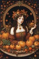 Renaissance Style Autumn Illustration of the Witch Girl with Pumpkins photo