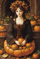 Renaissance Style Autumn Illustration of the Witch Girl with Pumpkins photo