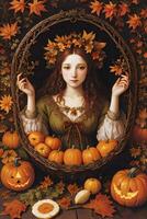 Renaissance Style Autumn Illustration of the Witch Girl with Pumpkins photo