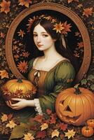 Renaissance Style Autumn Illustration of the Witch Girl with Pumpkins photo