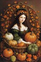 Renaissance Style Autumn Illustration of the Witch Girl with Pumpkins photo