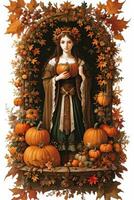 Renaissance Style Autumn Illustration of the Witch Girl with Pumpkins photo