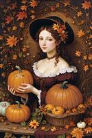 Renaissance Style Autumn Illustration of the Witch Girl with Pumpkins photo