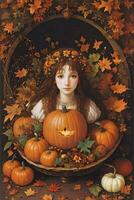 Renaissance Style Autumn Illustration of the Witch Girl with Pumpkins photo