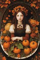 Renaissance Style Autumn Illustration of the Witch Girl with Pumpkins photo