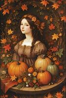 Renaissance Style Autumn Illustration of the Witch Girl with Pumpkins photo