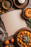 Top Shot of the pumpkins and herbs on a wooden table template photo