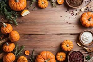 Top Shot of the pumpkins and herbs on a wooden table template photo