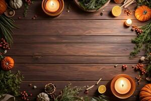 Top Shot of the pumpkins and herbs on a wooden table template photo