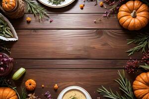 Top Shot of the pumpkins and herbs on a wooden table template photo