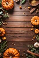 Top Shot of the pumpkins and herbs on a wooden table template photo