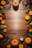 Top Shot of the pumpkins and herbs on a wooden table template photo