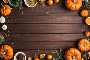 Top Shot of the pumpkins and herbs on a wooden table template photo