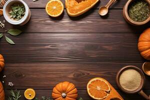 Top Shot of the pumpkins and herbs on a wooden table template photo