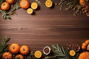 Top Shot of the pumpkins and herbs on a wooden table template photo