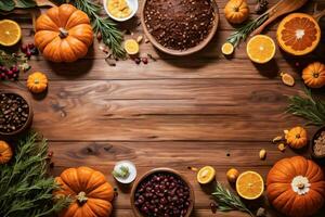 Top Shot of the pumpkins and herbs on a wooden table template photo