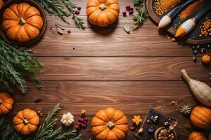 Top Shot of the pumpkins and herbs on a wooden table template photo