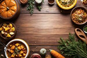 Top Shot of the pumpkins and herbs on a wooden table template photo