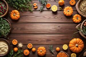 Top Shot of the pumpkins and herbs on a wooden table template photo