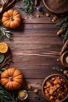 Top Shot of the pumpkins and herbs on a wooden table template photo