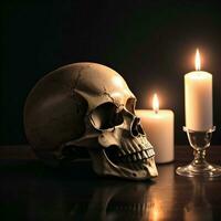 The Skull and Candle on the Black Background photo