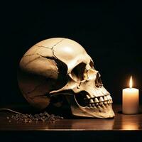 The Skull and Candle on the Black Background photo