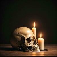 The Skull and Candle on the Black Background photo