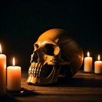 The Skull and Candle on the Black Background photo