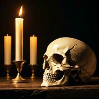 The Skull and Candle on the Black Background photo