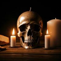 The Skull and Candle on the Black Background photo