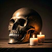 The Skull and Candle on the Black Background photo