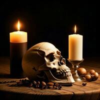 The Skull and Candle on the Black Background photo