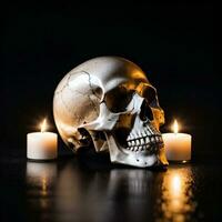 The Skull and Candle on the Black Background photo