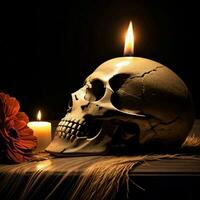 The Skull and Candle on the Black Background photo