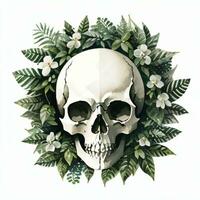 Watercolor Skull and Leaves Clipart photo